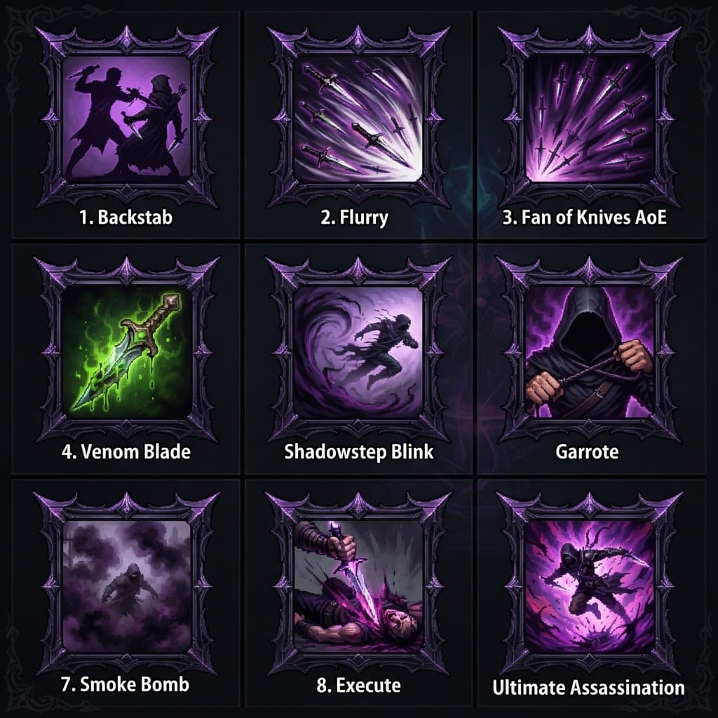 Image: Game UI spritesheet 3x3 square spell icons fantasy