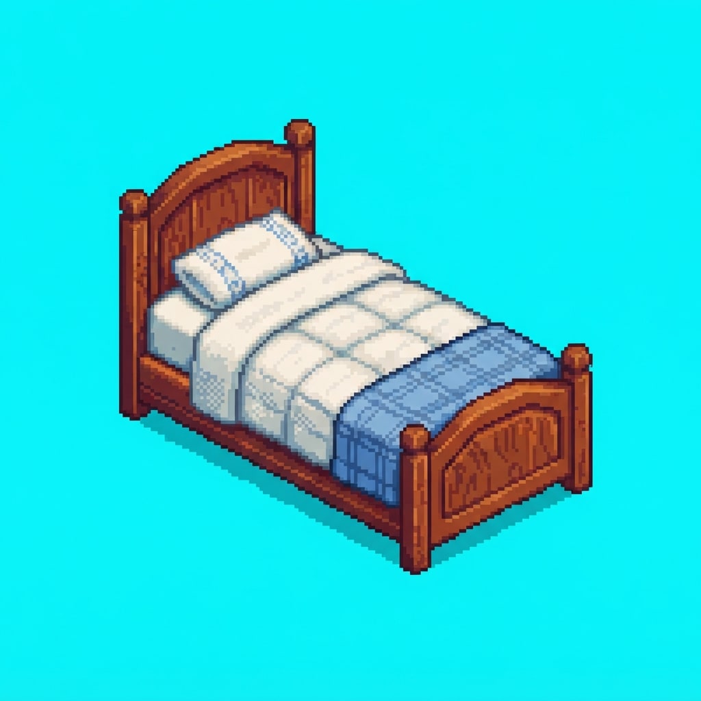 Image: pixel art single bed game asset, top-down three-qu