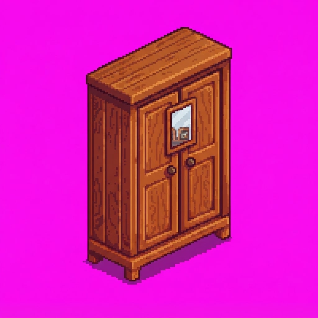Image: pixel art wooden wardrobe closet game asset, tall