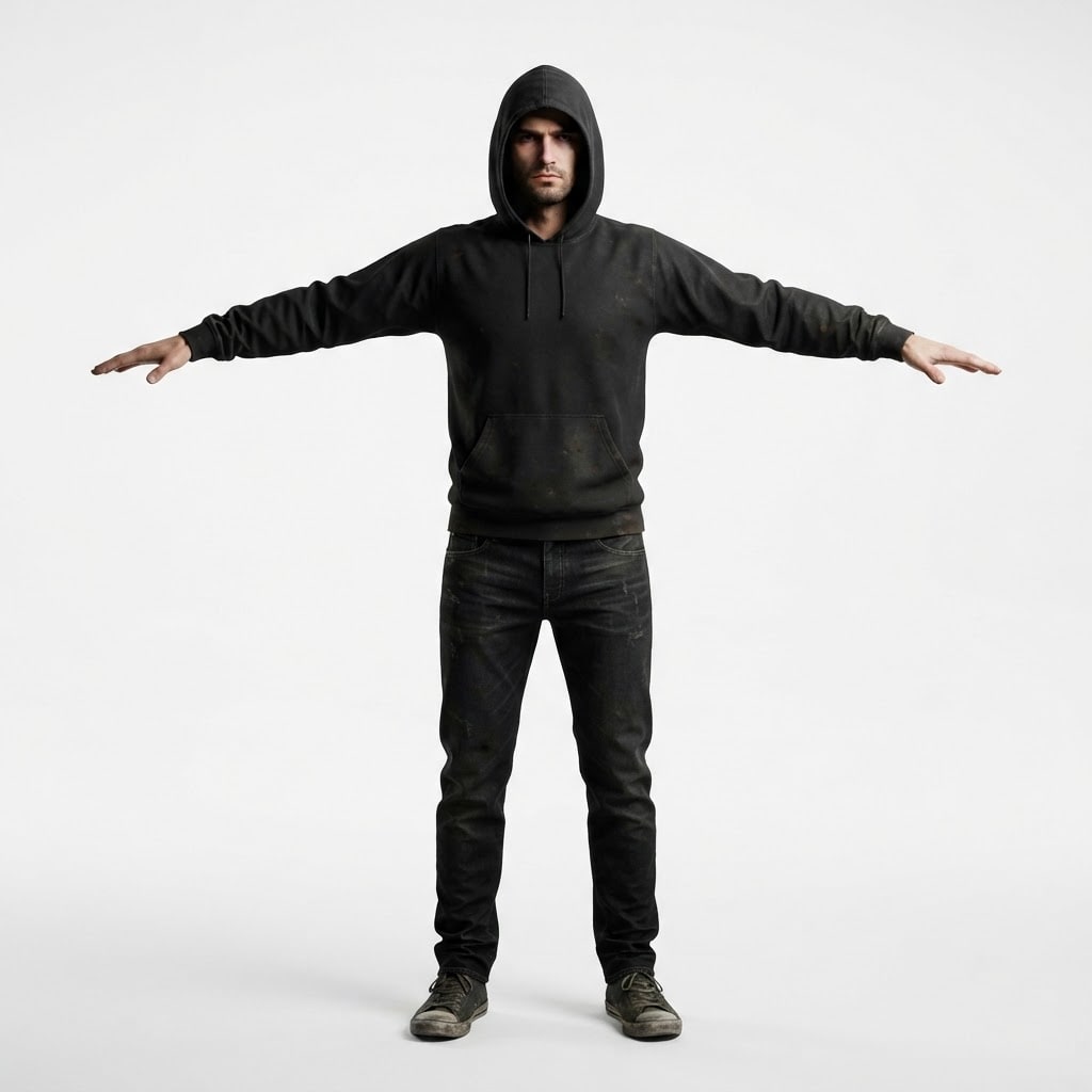 Image: Full body T-pose character reference sheet. A lean