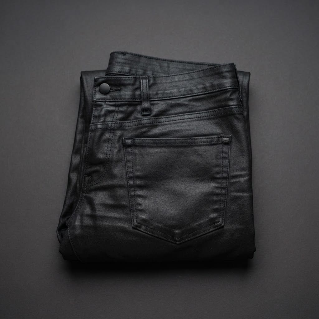 Image: A pair of skinny black waxed denim rock jeans, nea