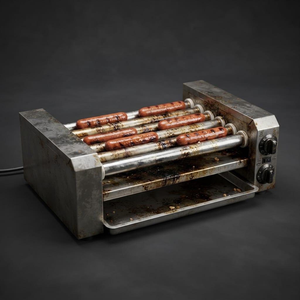 Image: A stainless steel commercial hot dog roller grill