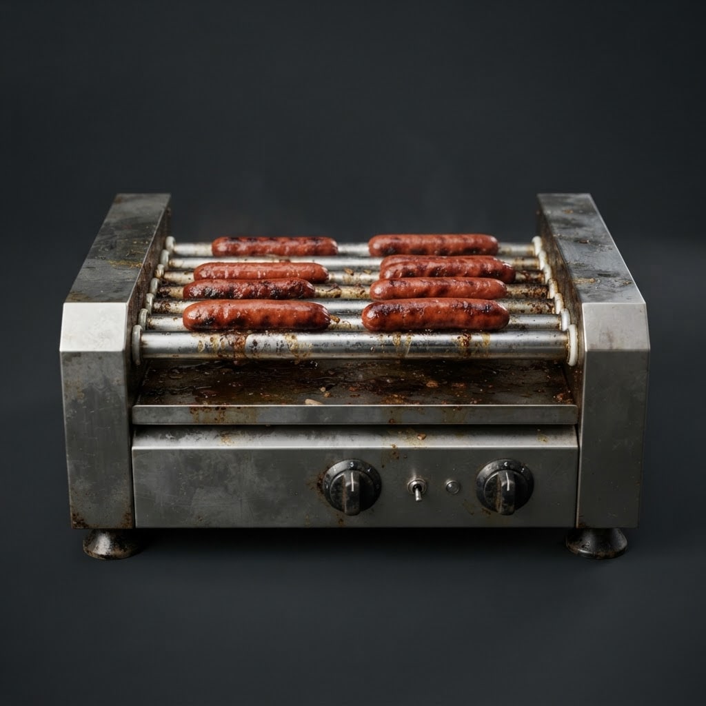 Image: A wide stainless steel commercial hot dog roller g