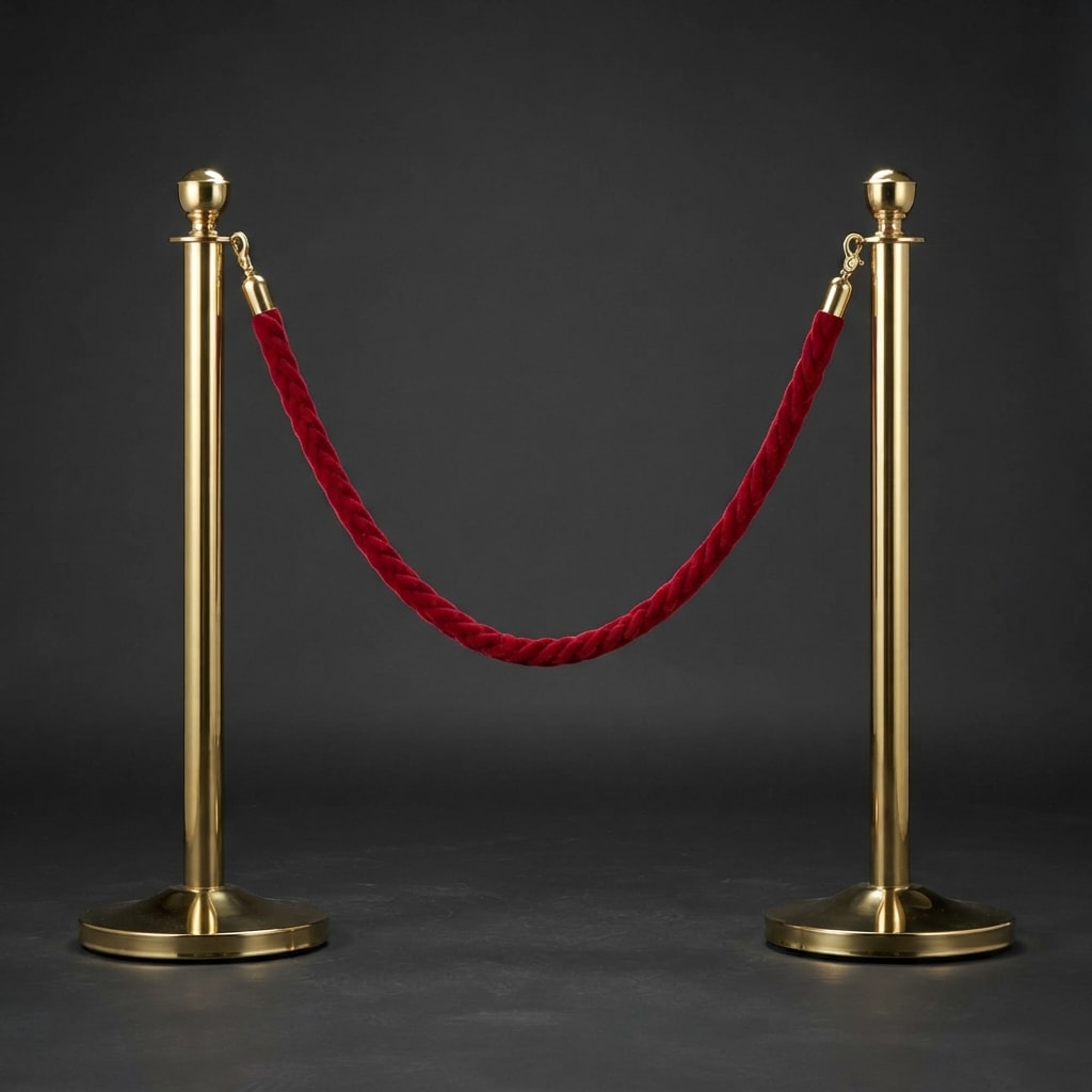 Image: A red velvet rope hung between two polished brass