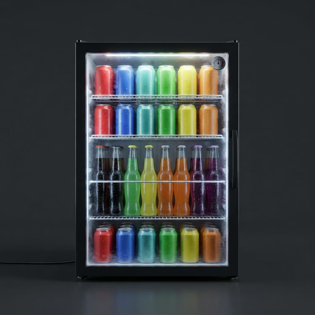 Image: A small glass-front commercial drinks refrigerator