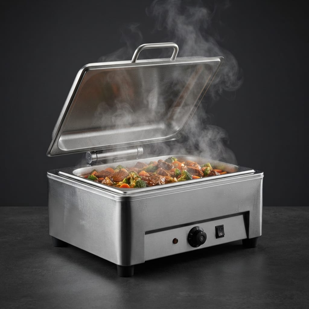 Image: A stainless steel commercial food warming tray wit