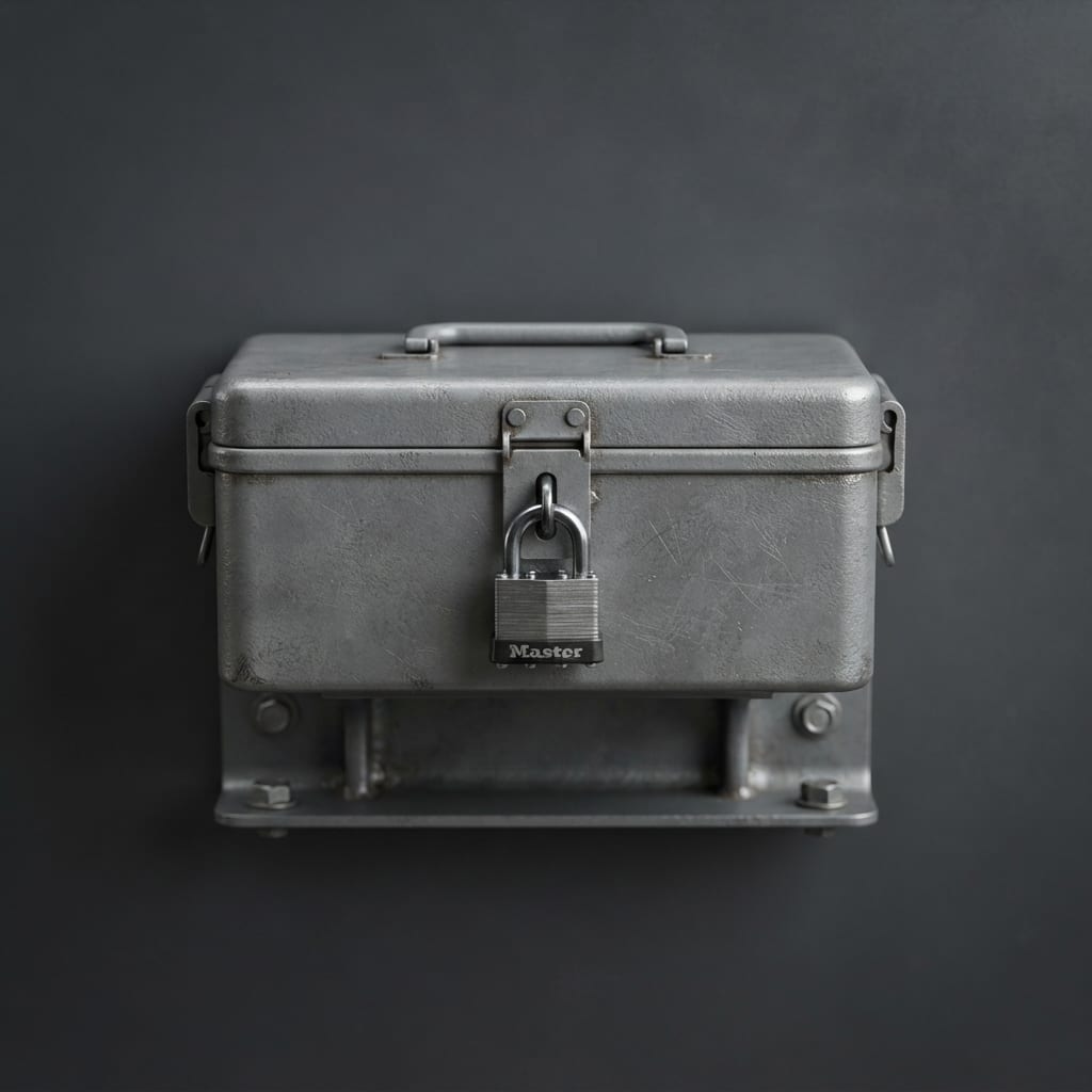 Image: A heavy grey steel cash box with a padlock and a b