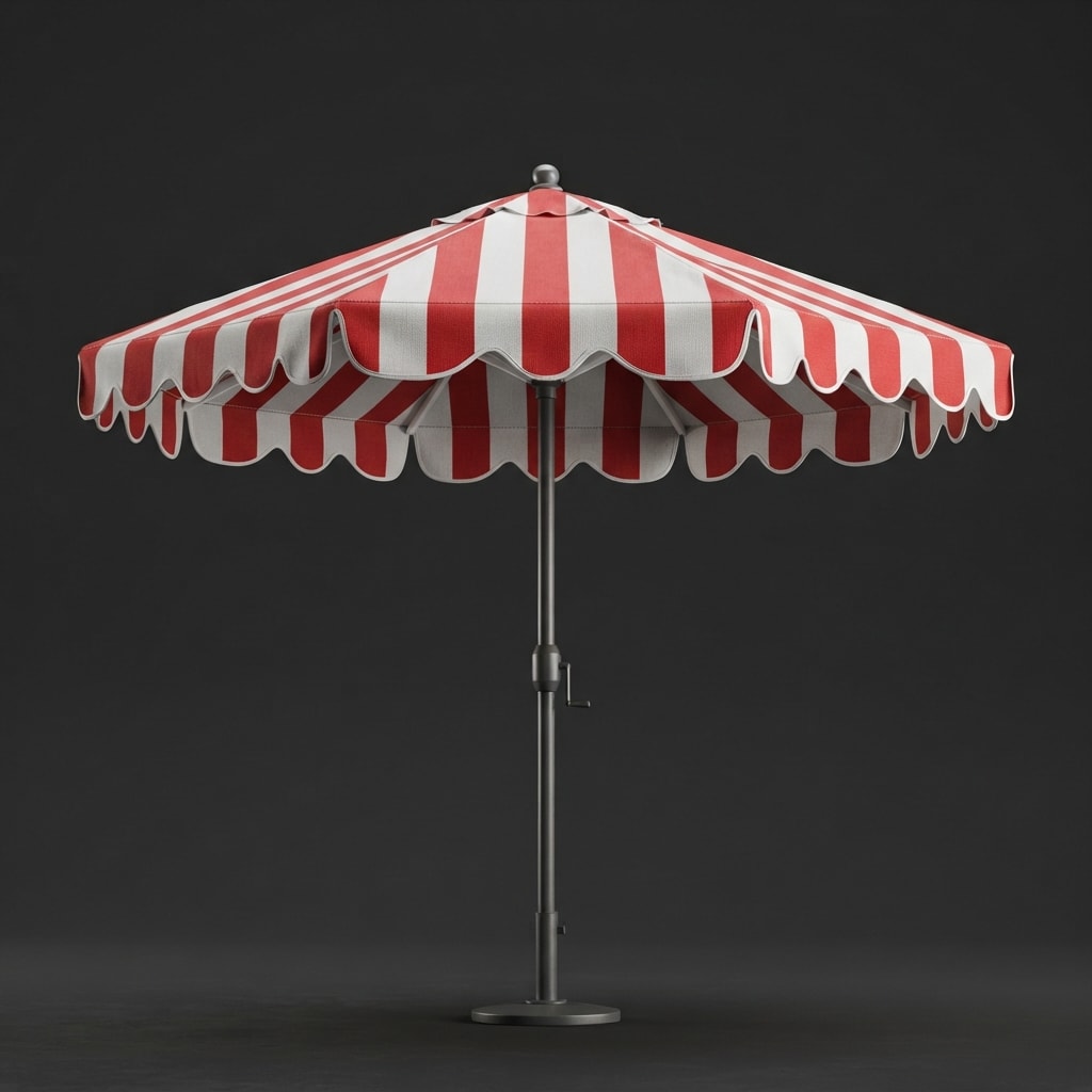 Image: A large red and white striped market umbrella cano