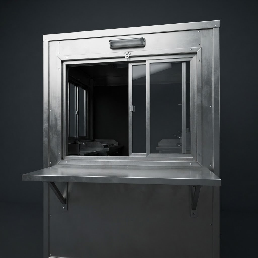 Image: A stainless steel food cart service window with a 