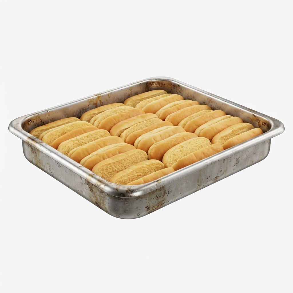 Image: A stainless steel hot dog bun warming tray filled