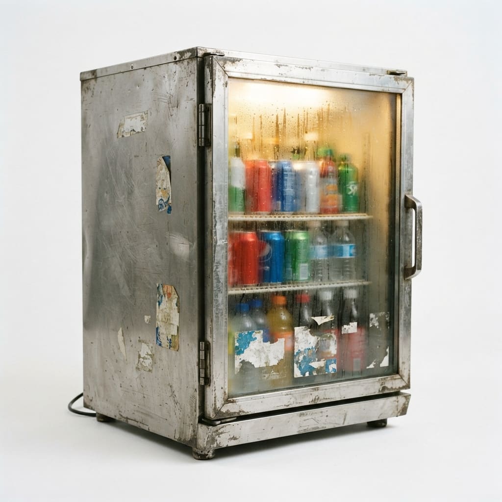 Image: A beat-up commercial glass-front drinks cooler for
