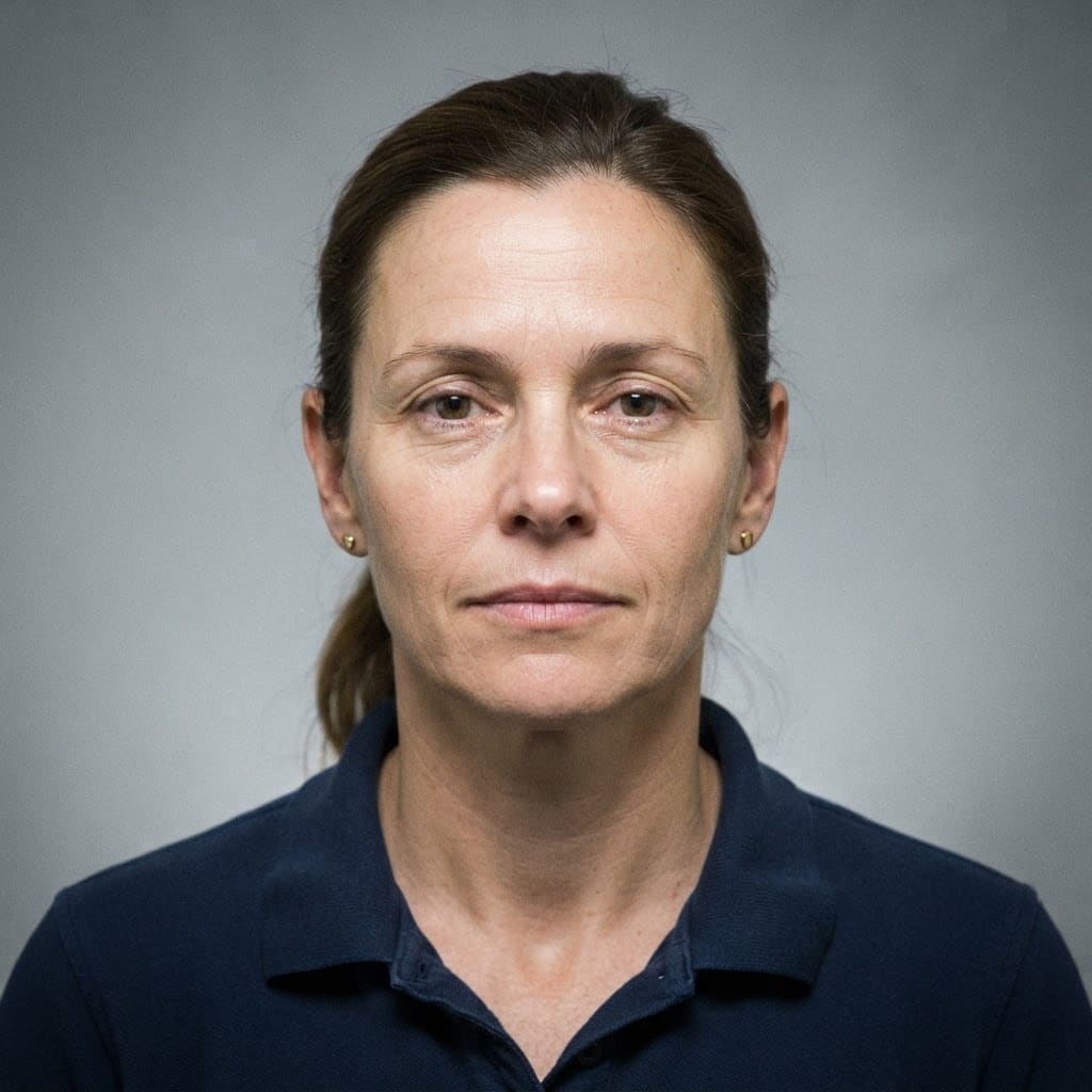 Image: Employee ID badge photograph of a calm woman in he