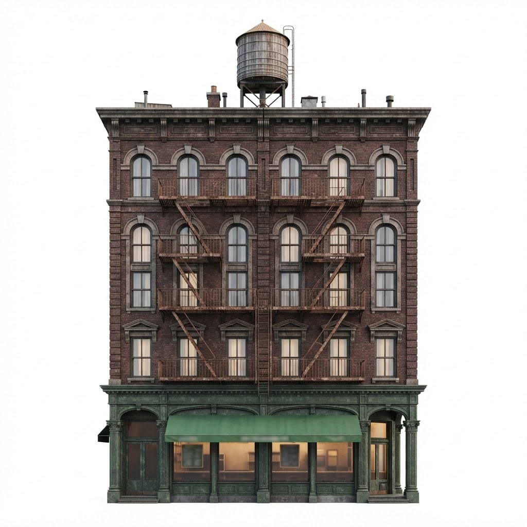 Image: A single old New York commercial building facade,