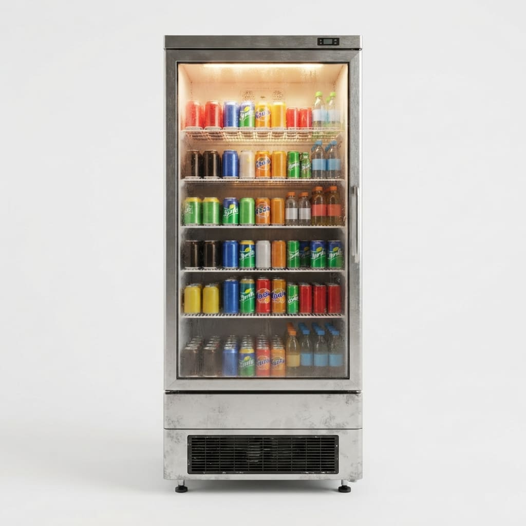 Image: A tall commercial glass-door drinks cooler, single