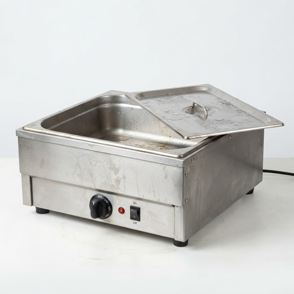 Image: A commercial stainless steel bain marie warming tr