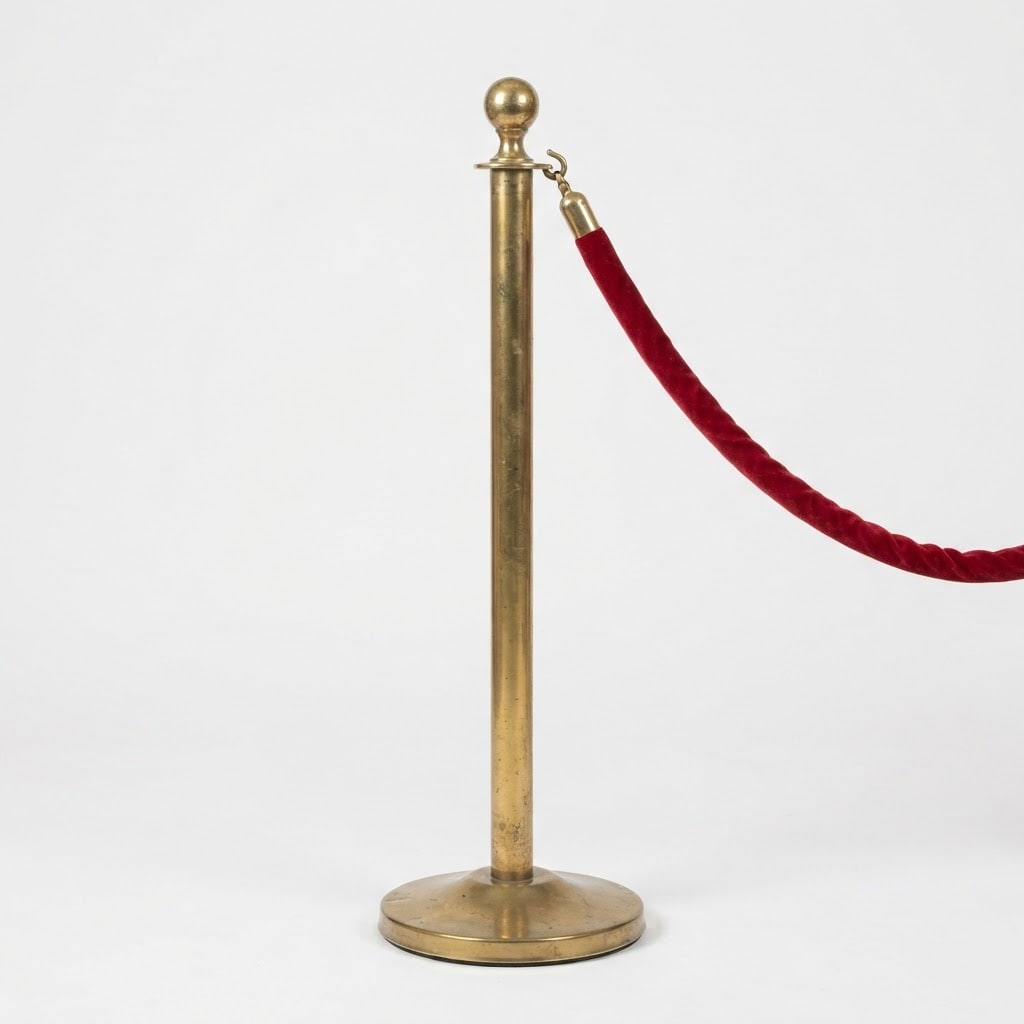 Image: A single brass stanchion post with a red velvet ro