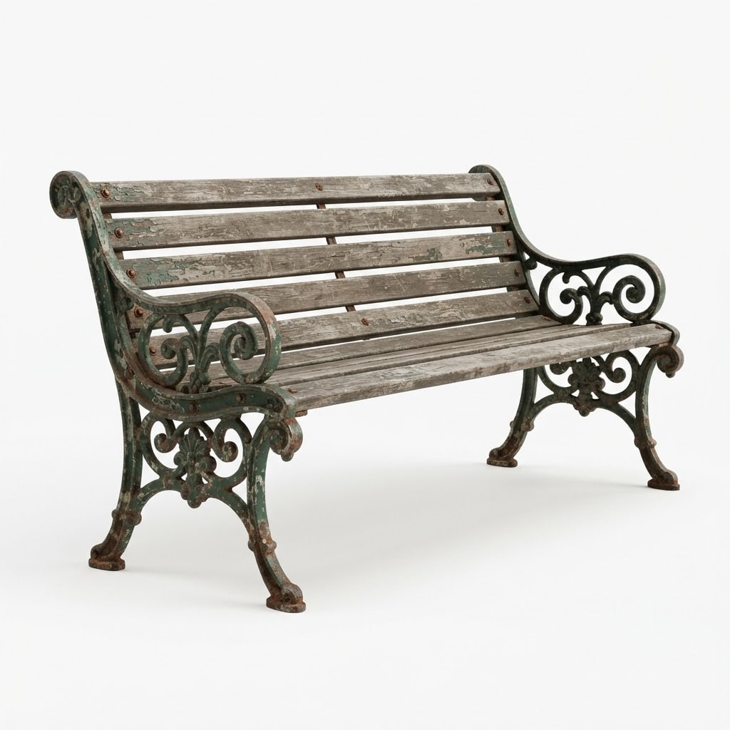 Image: A weathered public park bench, cast iron ornate si