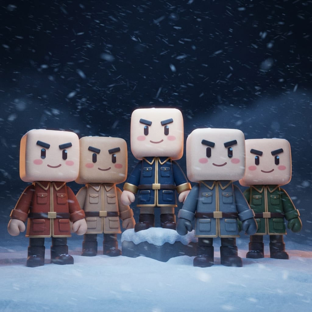 Image: Video game key art: a group of five blocky voxel t