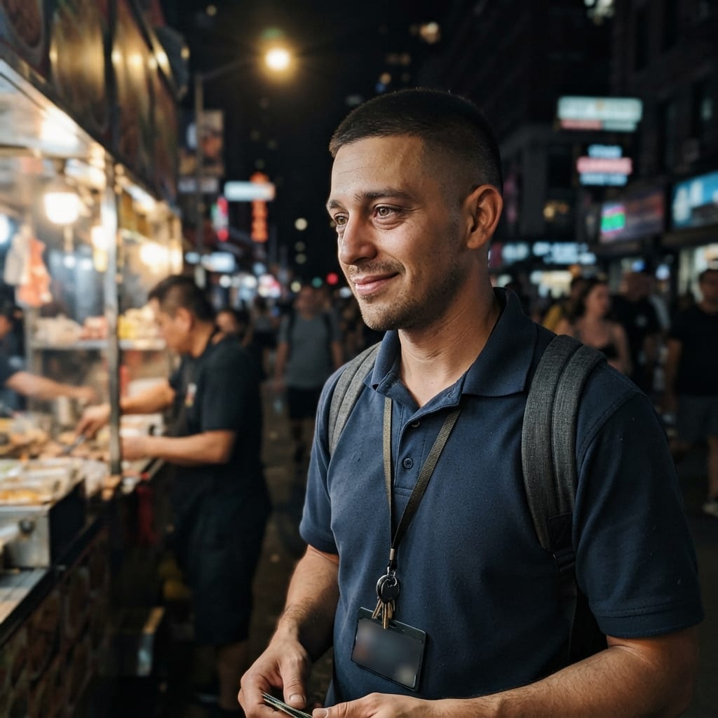 Image: A candid night photograph of a man in his late twe