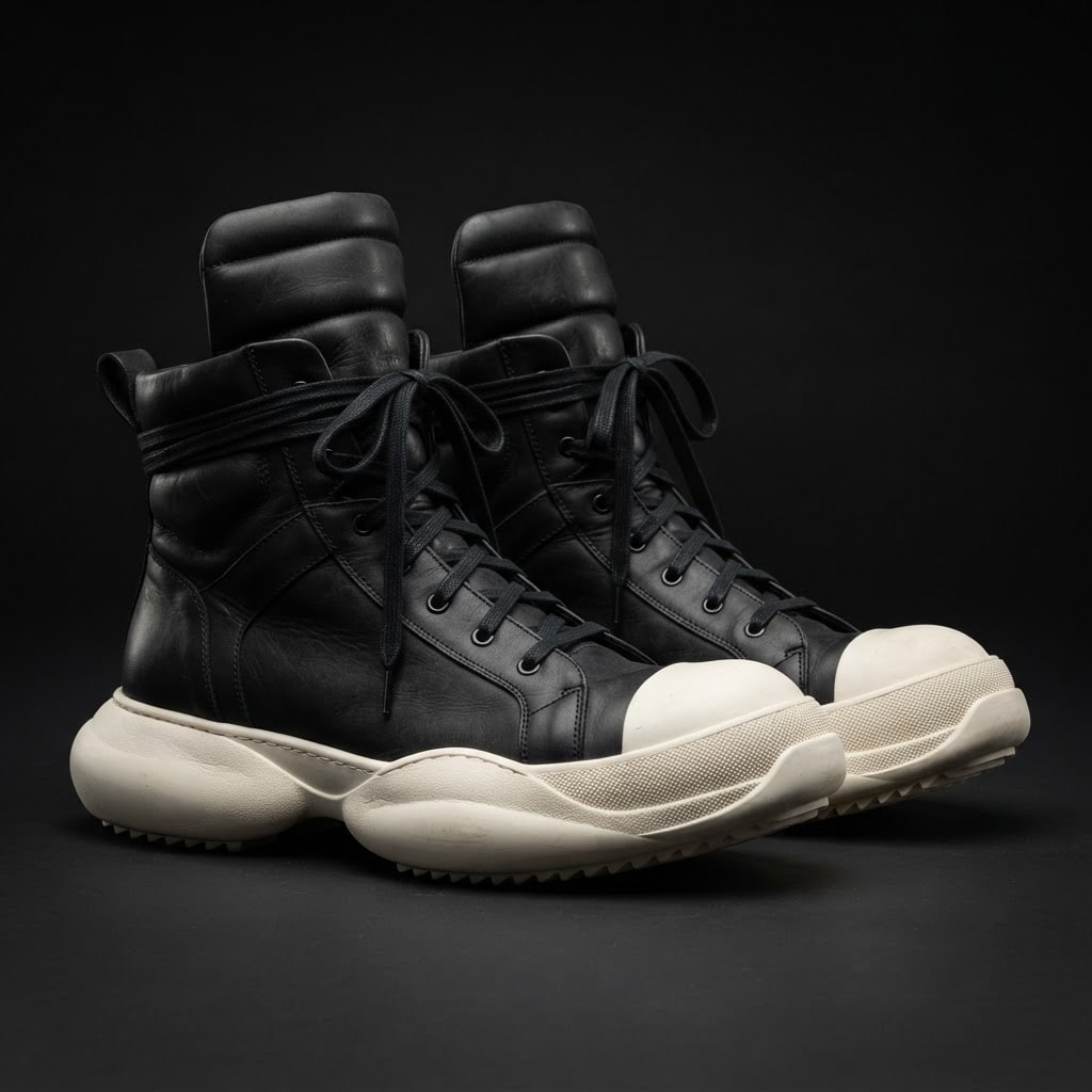 Image: A pair of chunky high-top sneakers, all black waxe