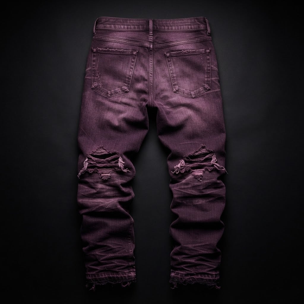 Image: A pair of stacked distressed denim jeans, deep pur