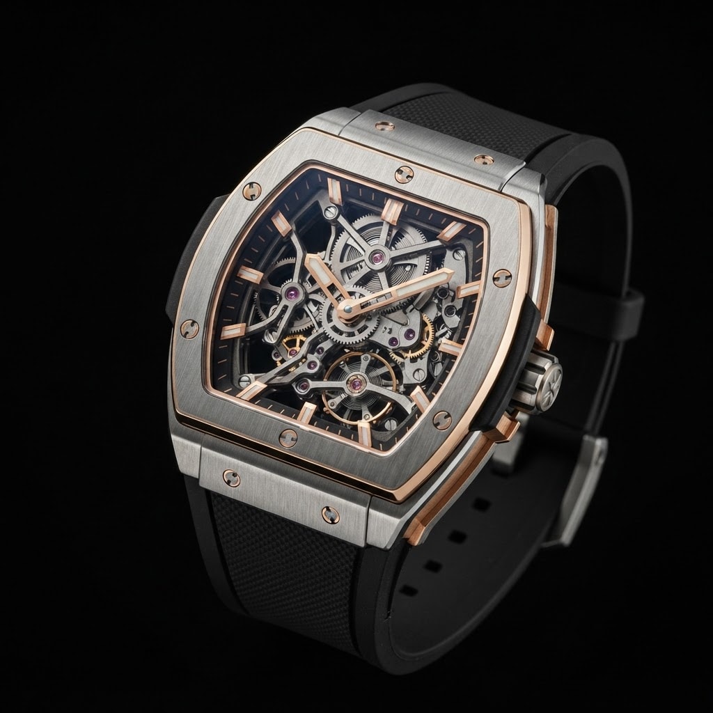 Image: A skeleton-dial luxury racing watch, tonneau barre