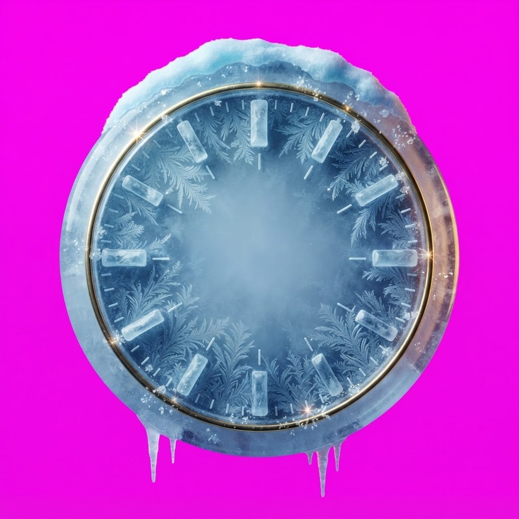 Image: A single ornate frozen clock face, perfectly circu