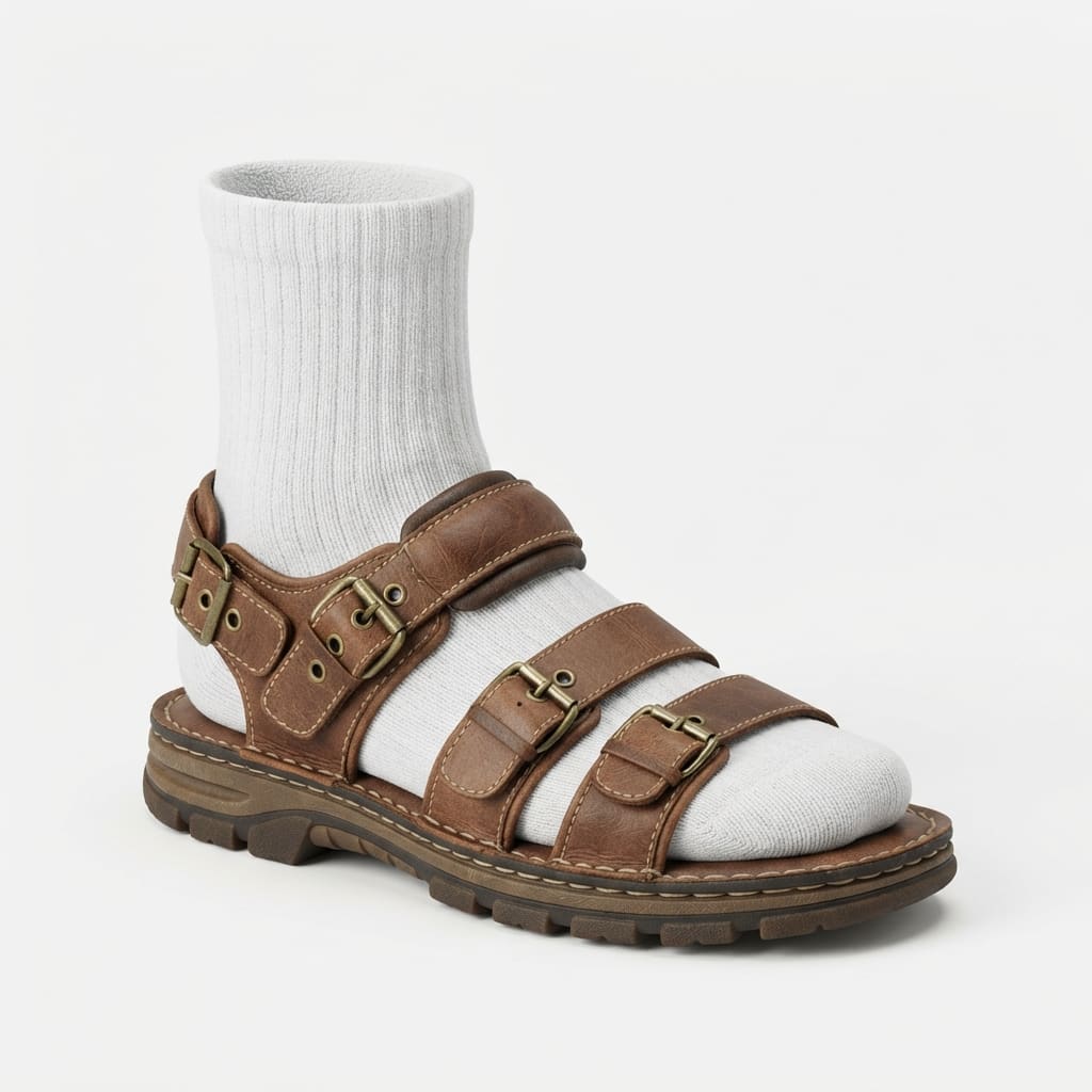 Image: A single brown leather sandal worn on a foot with