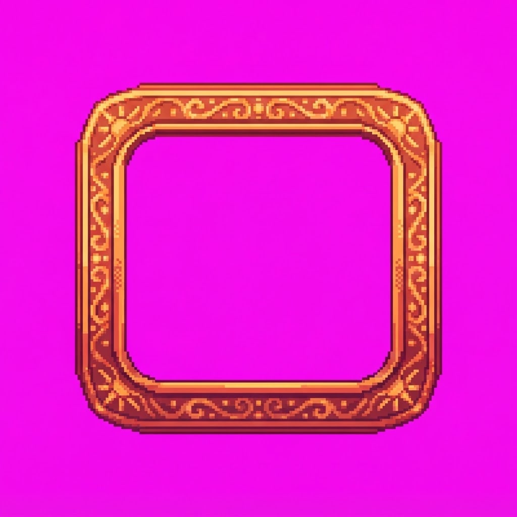 Image: pixel art rounded square ornate frame, warm golden