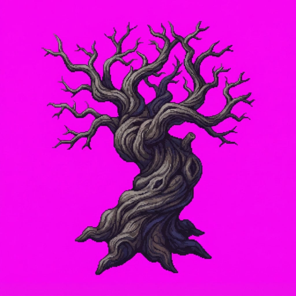 Image: Pixel art sprite of a huge dead gnarled tree, twis