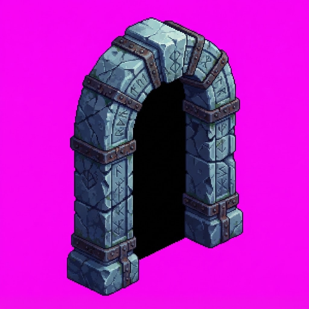 Image: Pixel art sprite of a tall ancient stone gateway a
