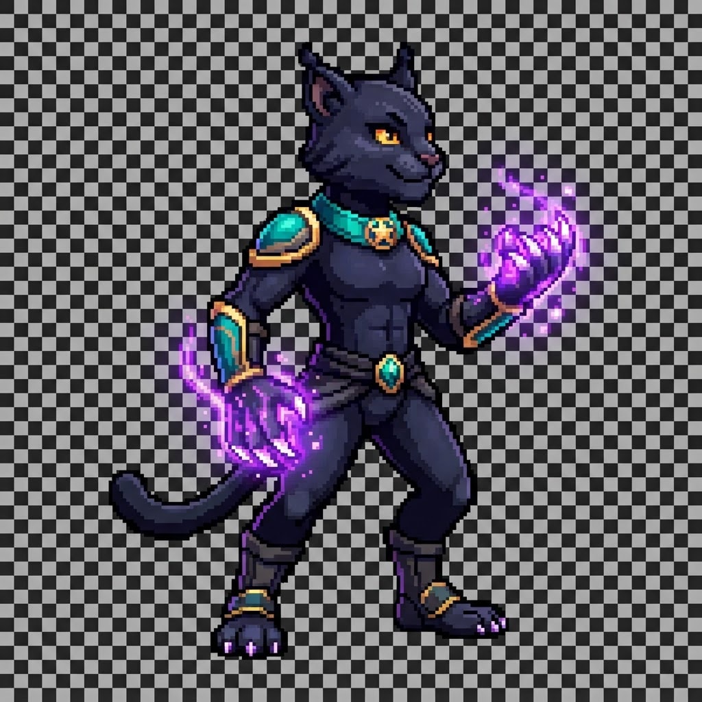 Image: pixel art game character sprite, sleek black panth