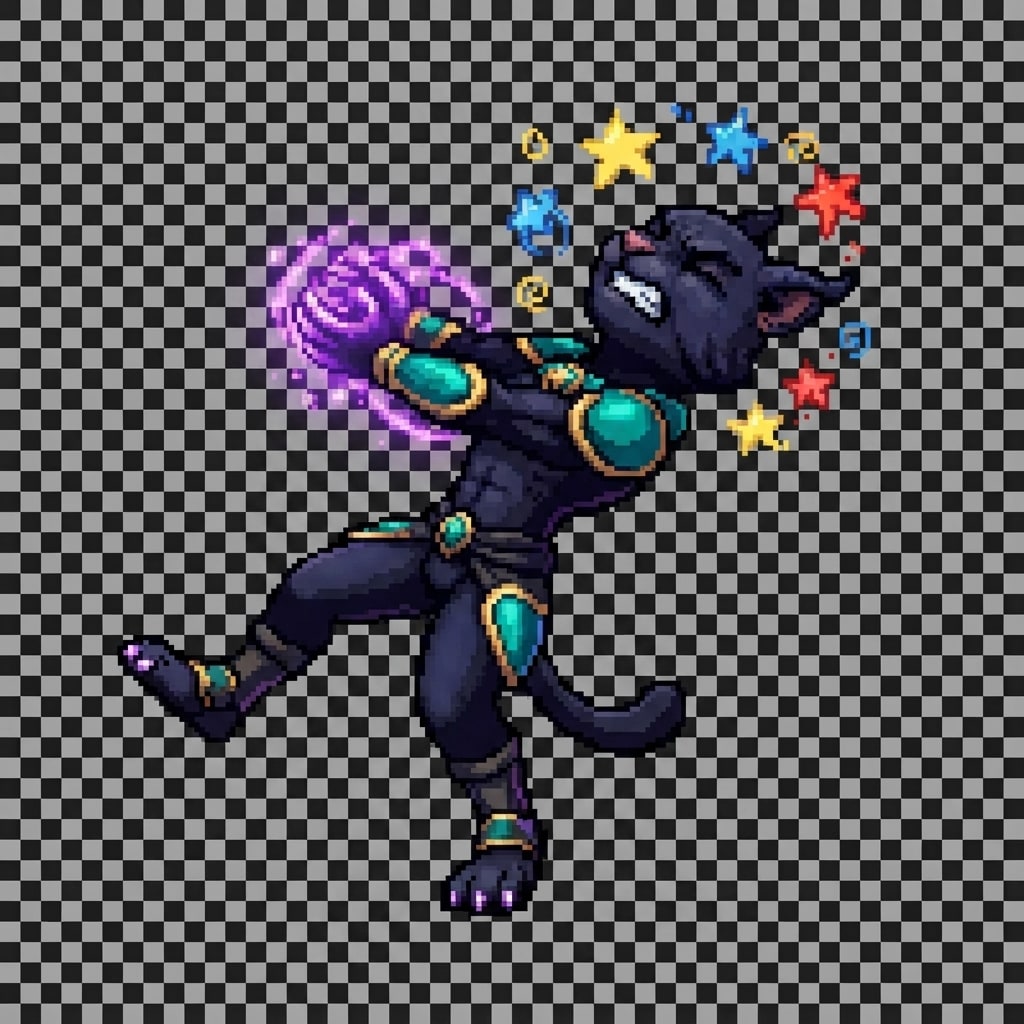 Image: pixel art game character sprite, same black panthe