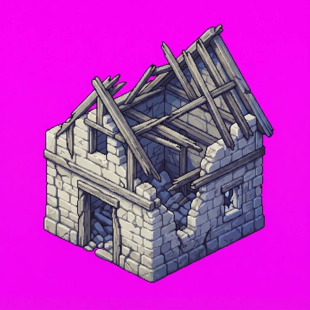 Image: Pixel art sprite of a ruined medieval cottage, col