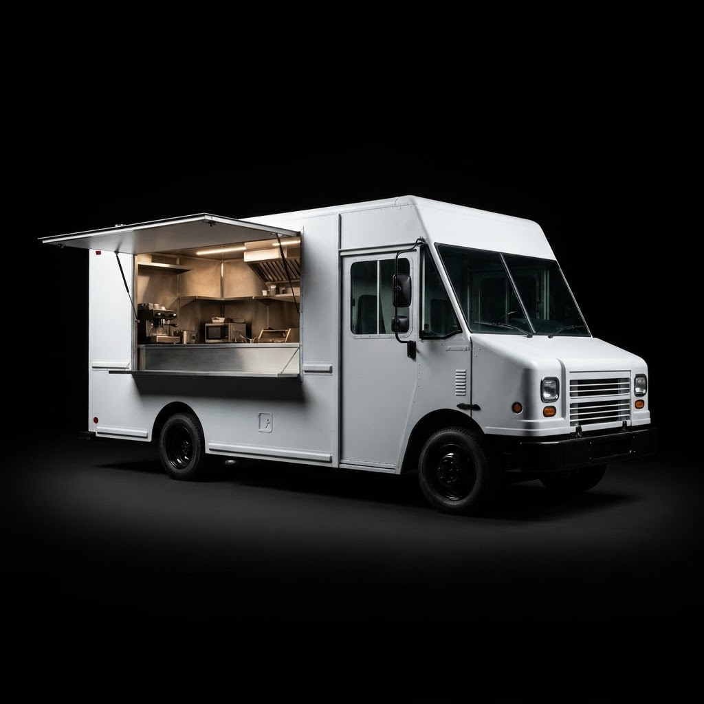 Image: Product photograph of a white food truck with a se