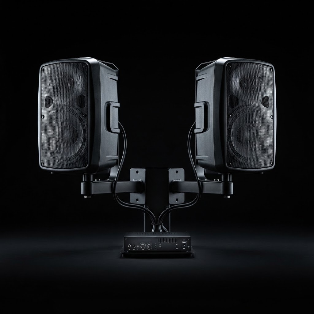 Image: Product photograph of a pair of black outdoor PA s
