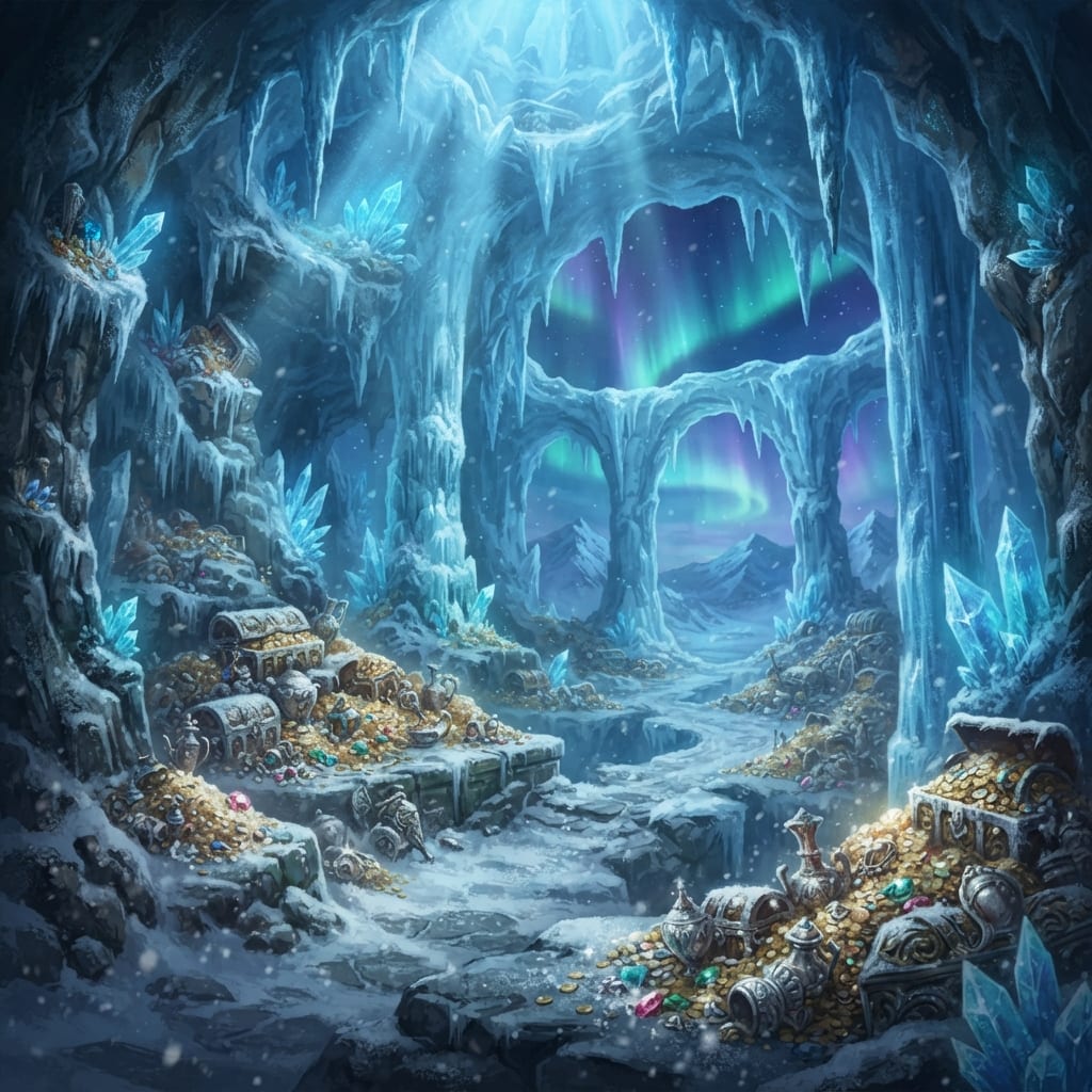 Image: Full-bleed fantasy treasure-hunt main menu backgro