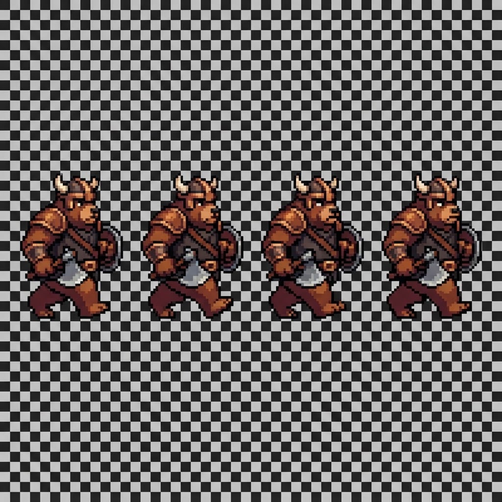 Image: Horizontal 4-frame walk cycle sprite sheet for a b