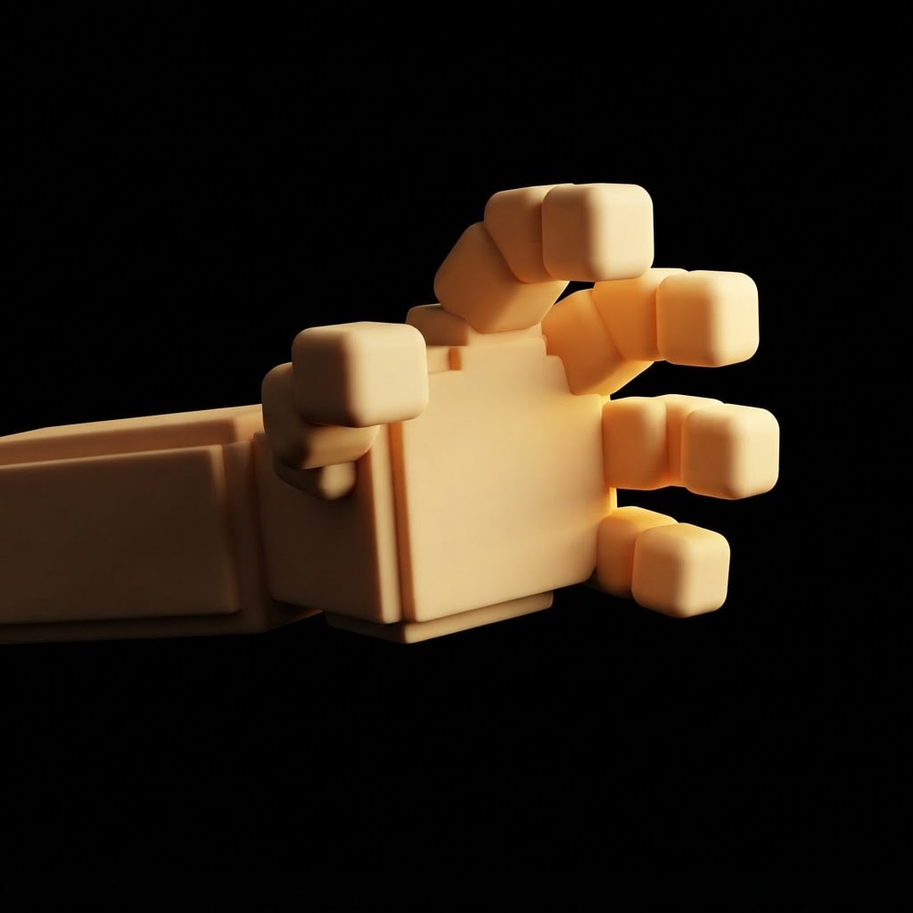 Image: A single blocky VOXEL HAND on a PURE SOLID BLACK b