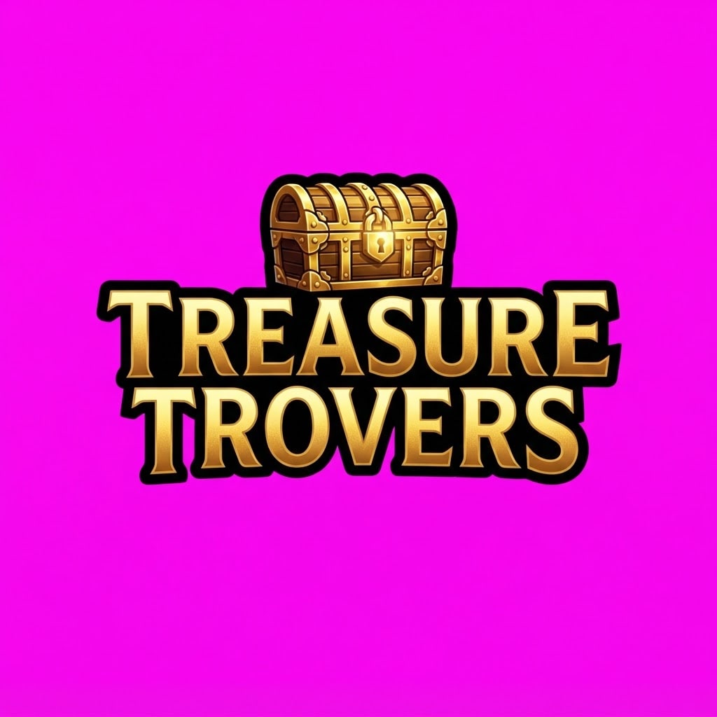 Image: Game logo for TREASURE TROVERS centered on a flat