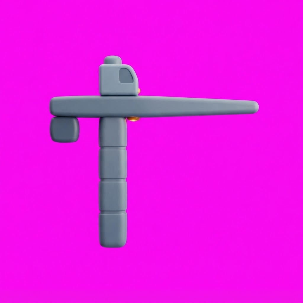 Image: A single simplified TOY TOWER CRANE on a solid bri
