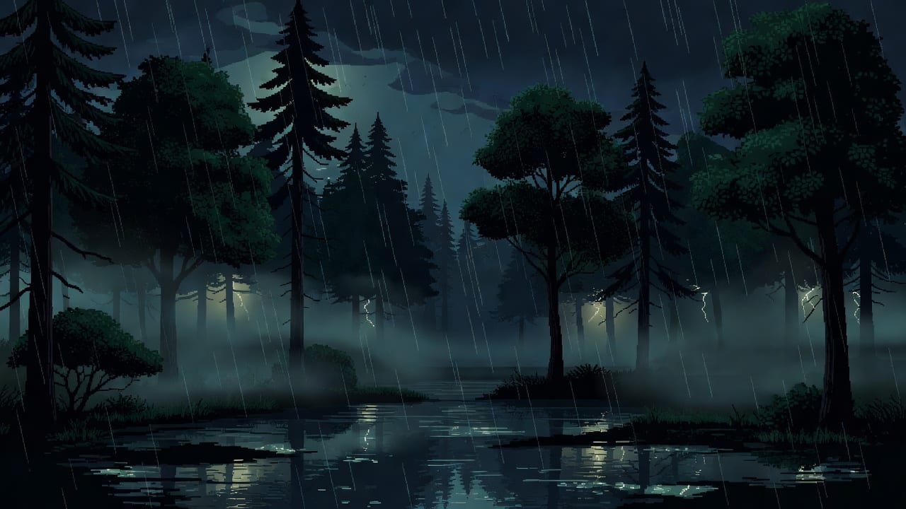 Pixel Art Night Forest Rain Background