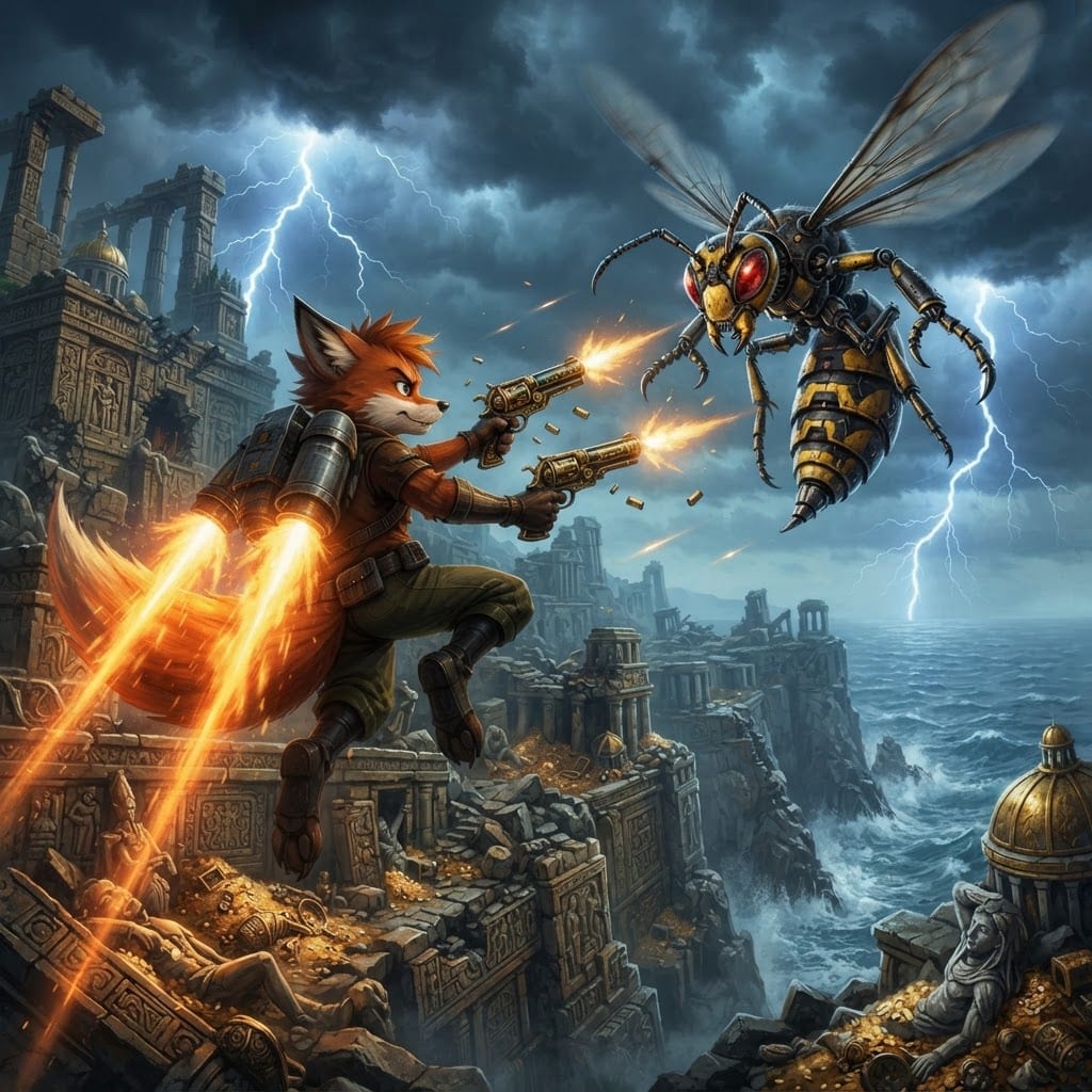 Image: NEW cinematic 16:9 treasure-raid key art in EXACT