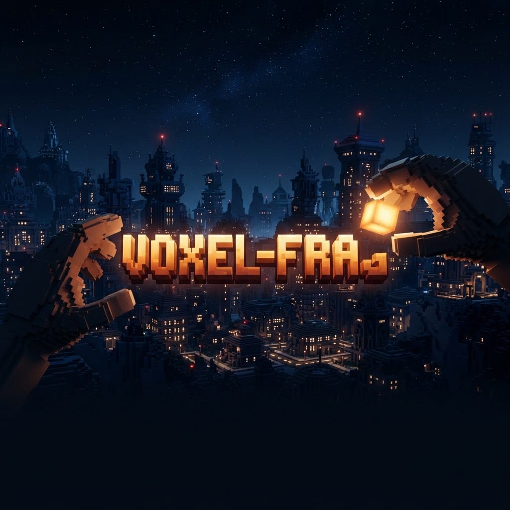 Image: Wide 16:9 banner artwork for a voxel block-buildin