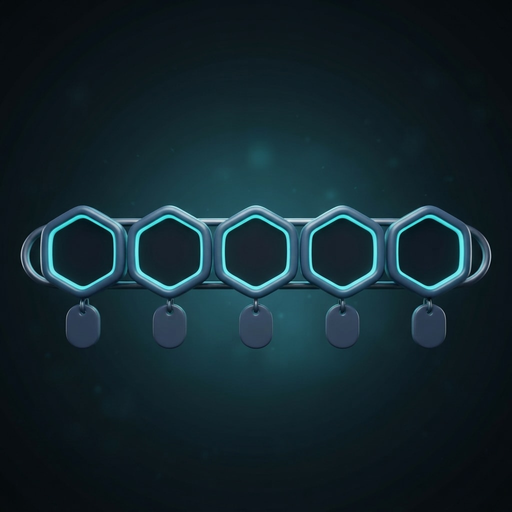 Image: A game HUD element: five rounded HEXAGONAL slots i