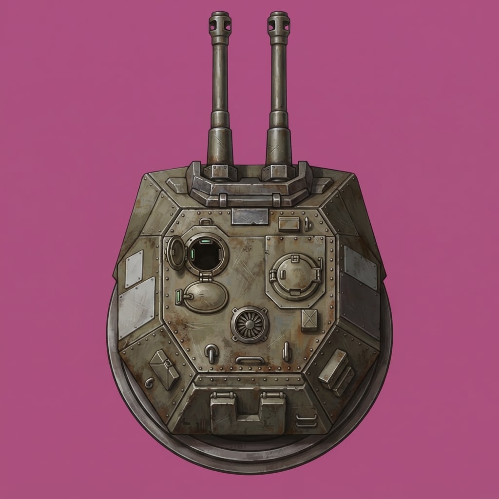 Image: Top-down plan view game sprite of a heavy tank tur