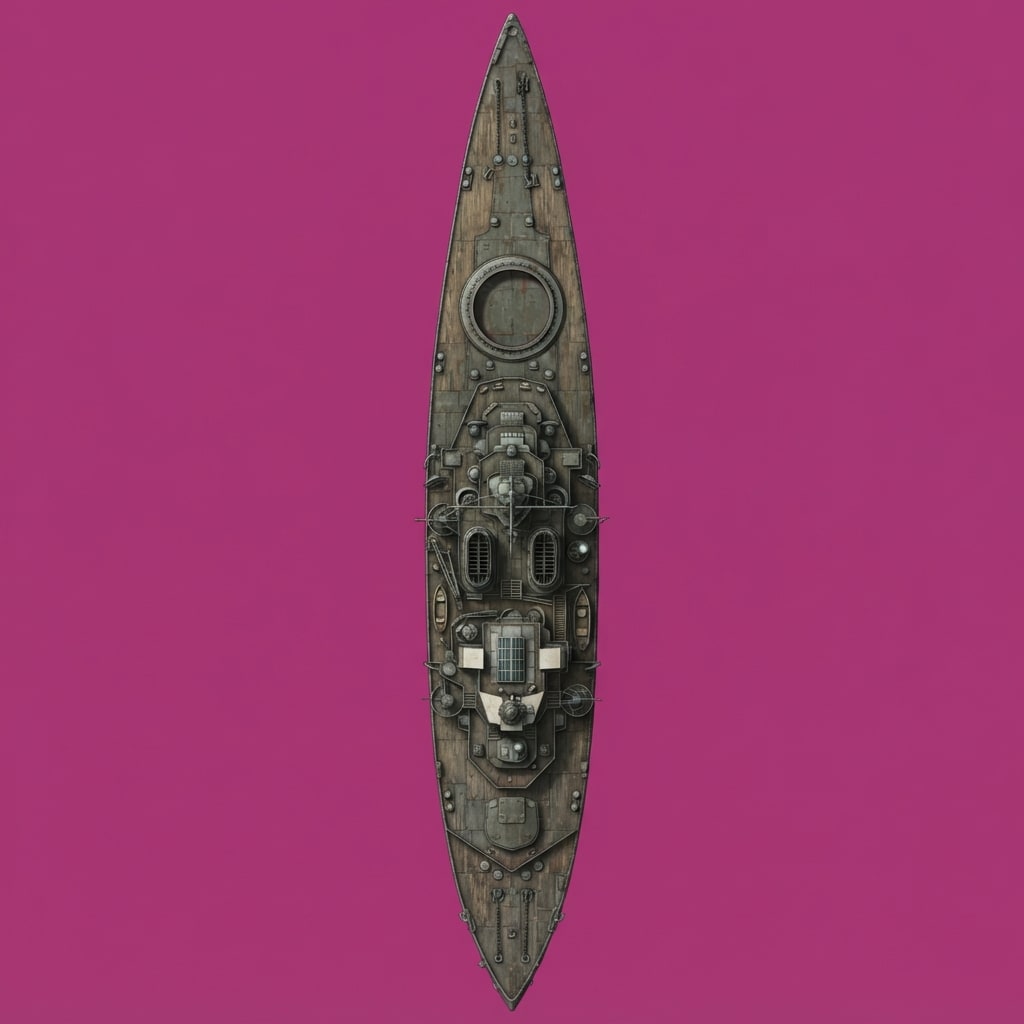 Image: Top-down plan view game sprite of a battleship hul