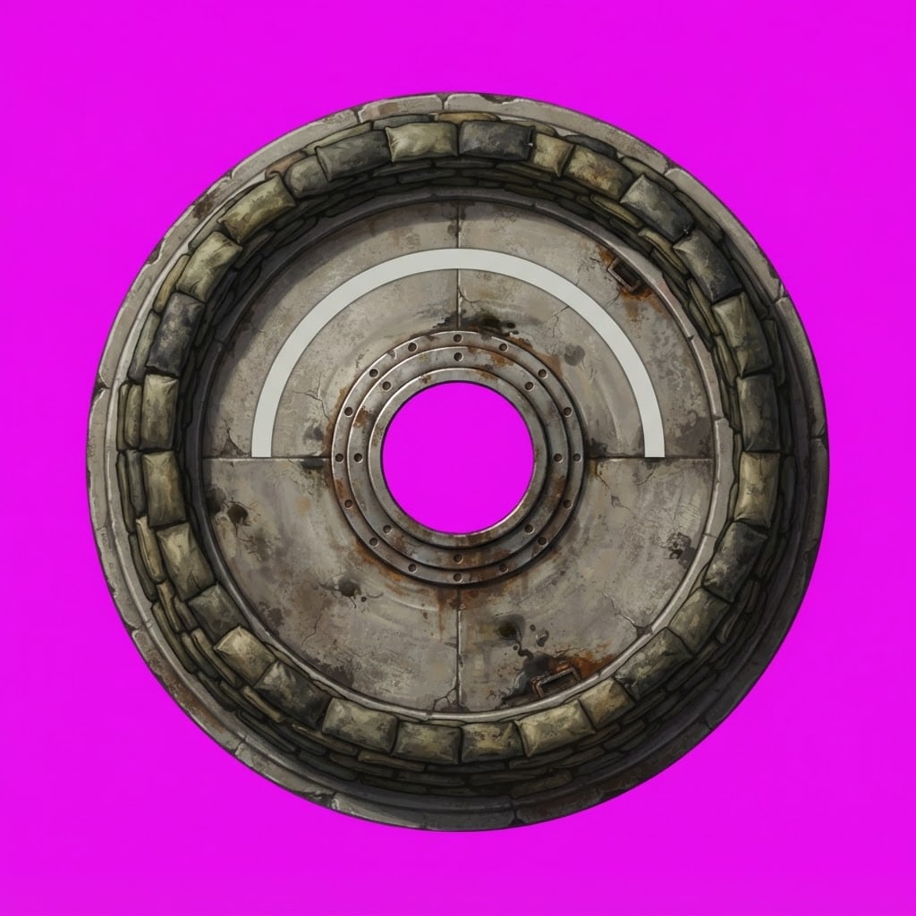 Image: Top-down plan view game sprite of a round fortifie