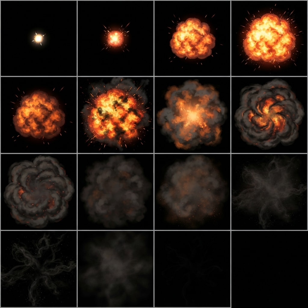 Image: Sprite sheet for a 2D game explosion animation: a