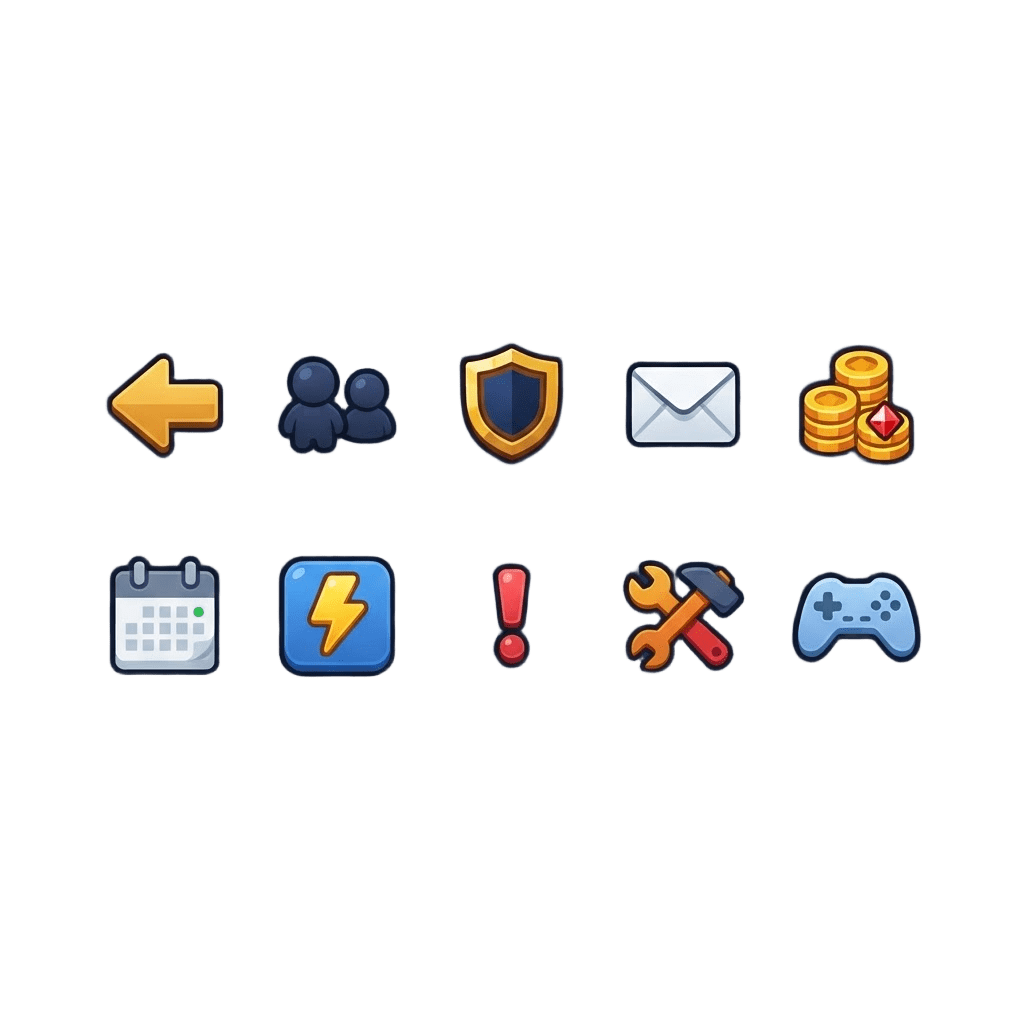 Image: A sheet of 10 small game UI icons arranged in a 5x